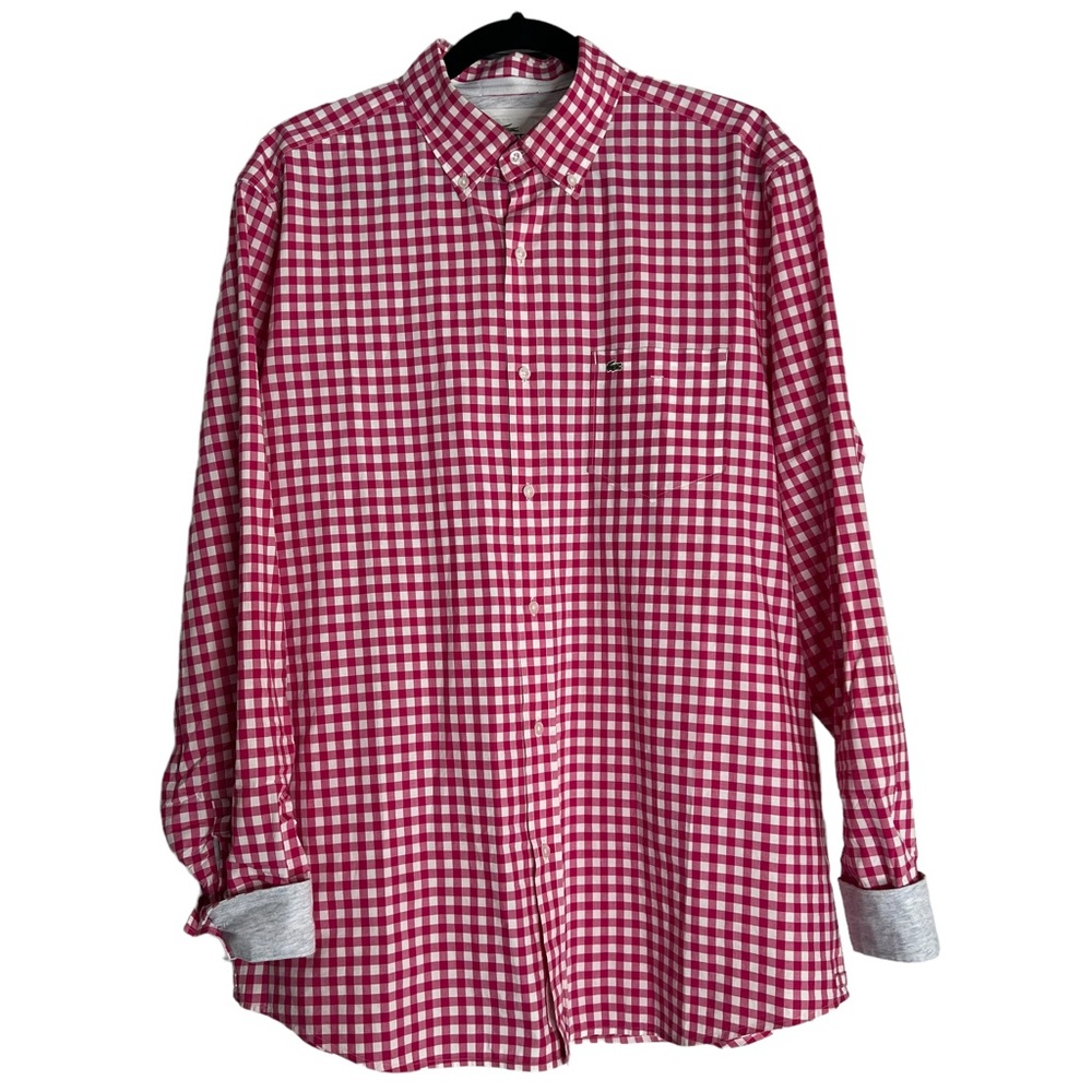 LACOSTE Pink and White Gingham Print Long Sleeve Button-up Men Shirt